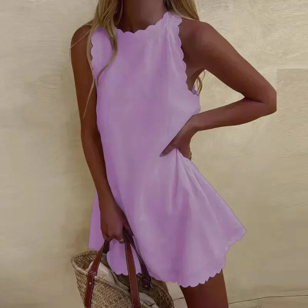 Sleeveless High-Neck Scalloped Mini Dress