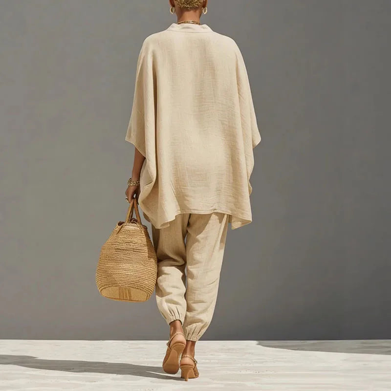 Women's matching set - sexy loose V-neck pullover - tapered pants resort