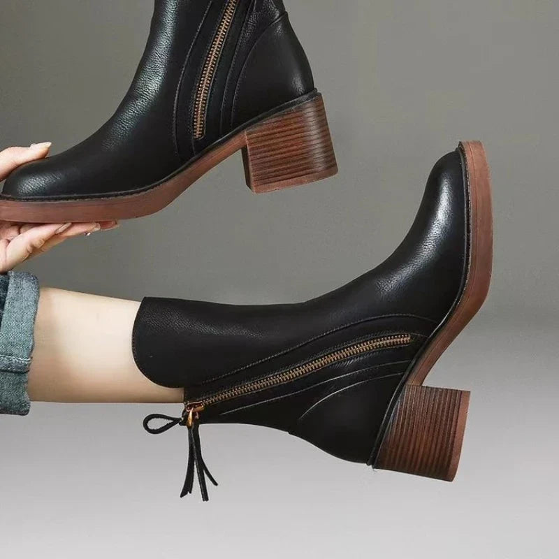 Women's Ankle Boots Leather High Heel Metal Zipper Shock Absorbing Sole Evening