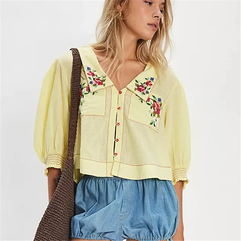 Crop top for women — linen cotton blend — floral embroidered — casual daily