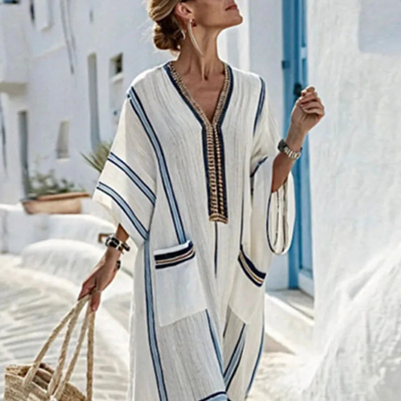 Women's kimono maxi dress with v-neck and pockets — beach
