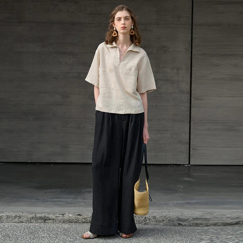 Women's linen polo shirt — loose fit short sleeve — casual daily holiday