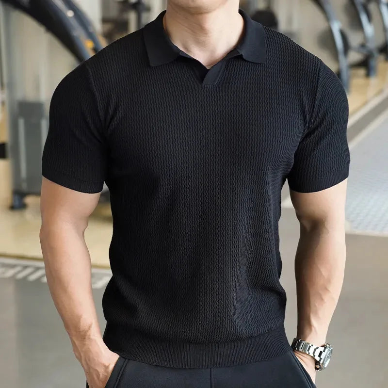 Men's textured polo shirt — slim fit short sleeve top — daily casual style