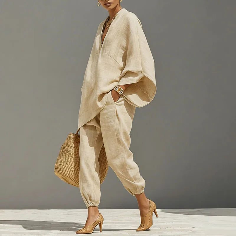 Women's matching set - sexy loose V-neck pullover - tapered pants resort