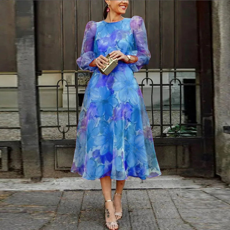 Floral Midi Dress Puff Long Sleeve Round Neck A-Line Wedding Guest Formal Apparel