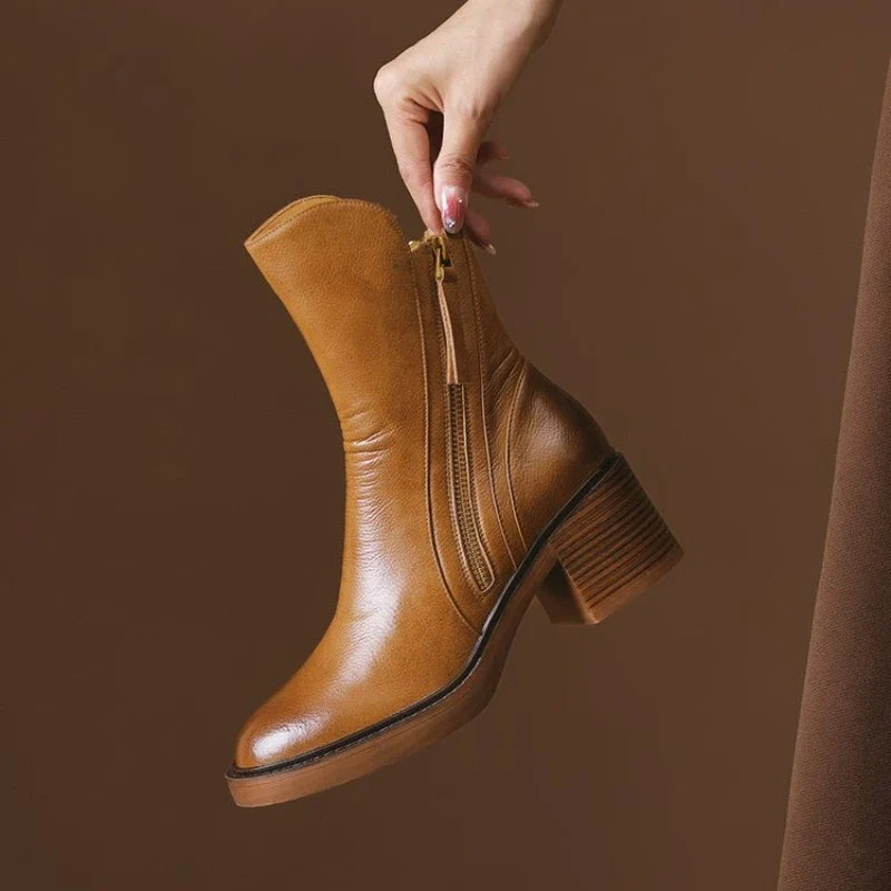 Women's Ankle Boots Leather High Heel Metal Zipper Shock Absorbing Sole Evening
