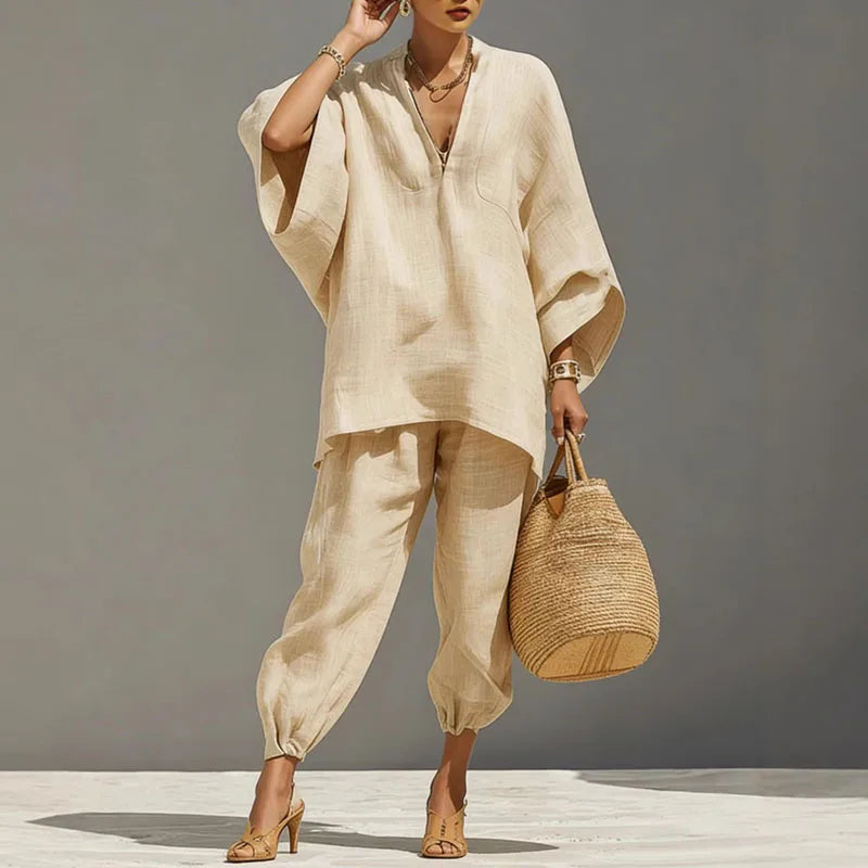 Women's matching set - sexy loose V-neck pullover - tapered pants resort