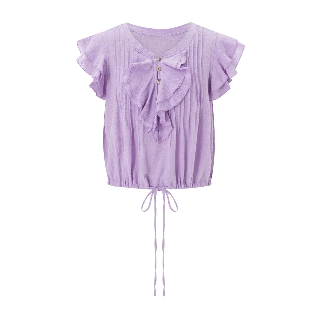 Women's crop top in cotton gauze with ruffle front — beach