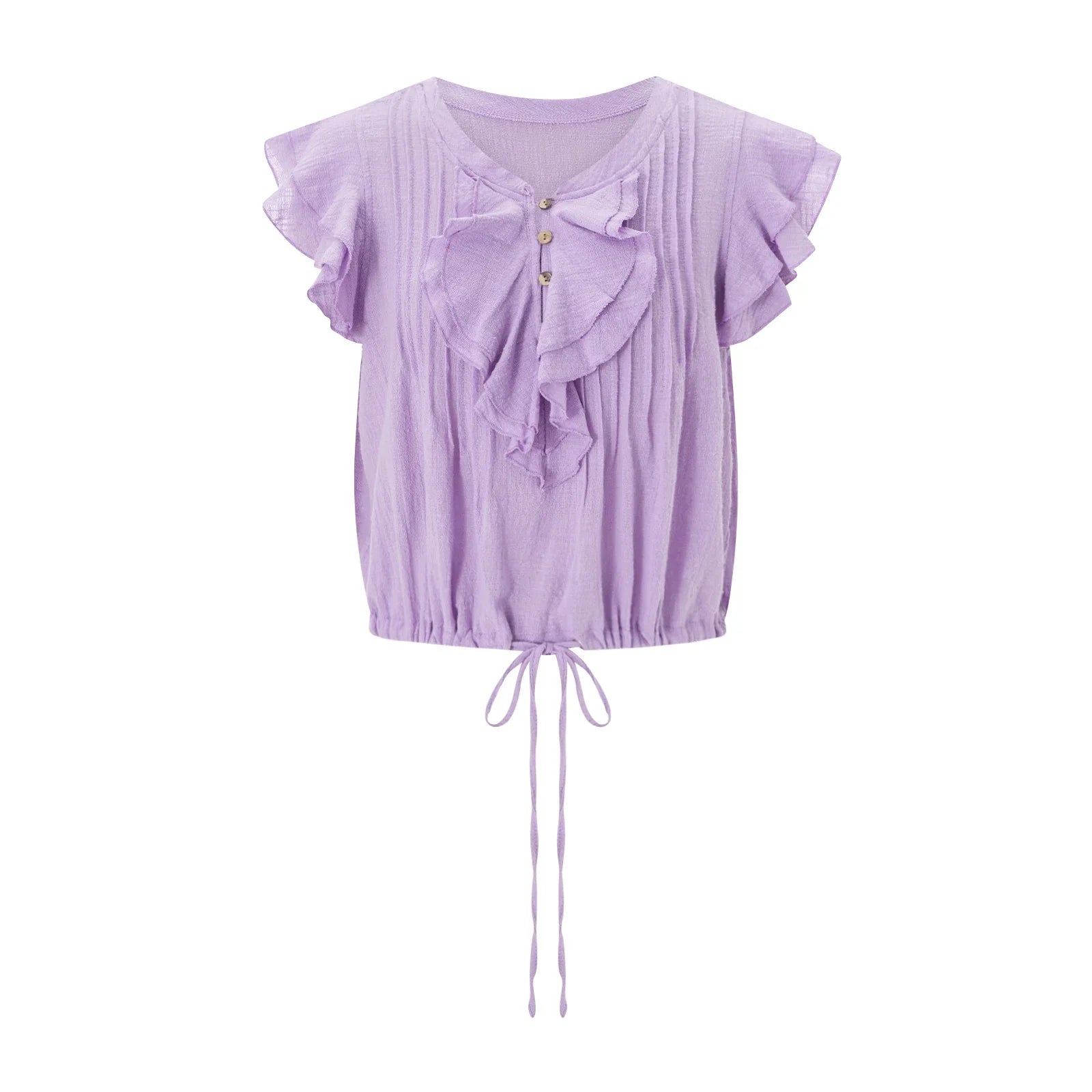 Women's crop top in cotton gauze with ruffle front — beach