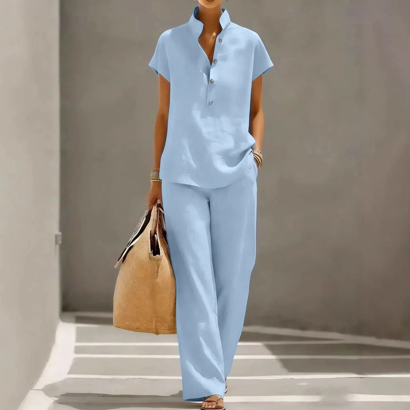 Women's two-piece set - linen cotton fabric - wide-leg pants summer
