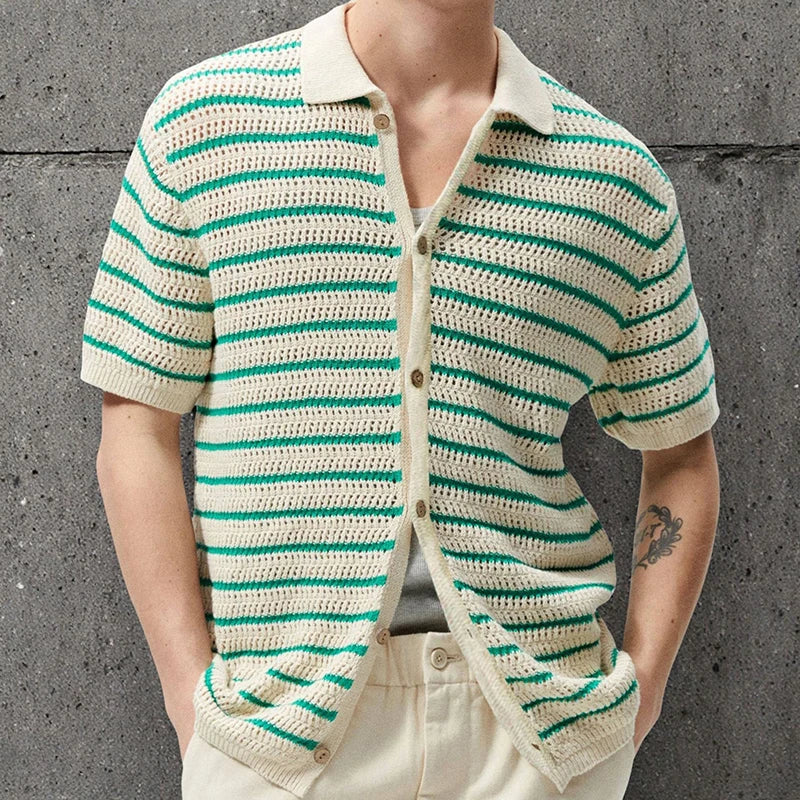 Men's knit polo shirt — open-knit texture — short sleeve vacation top