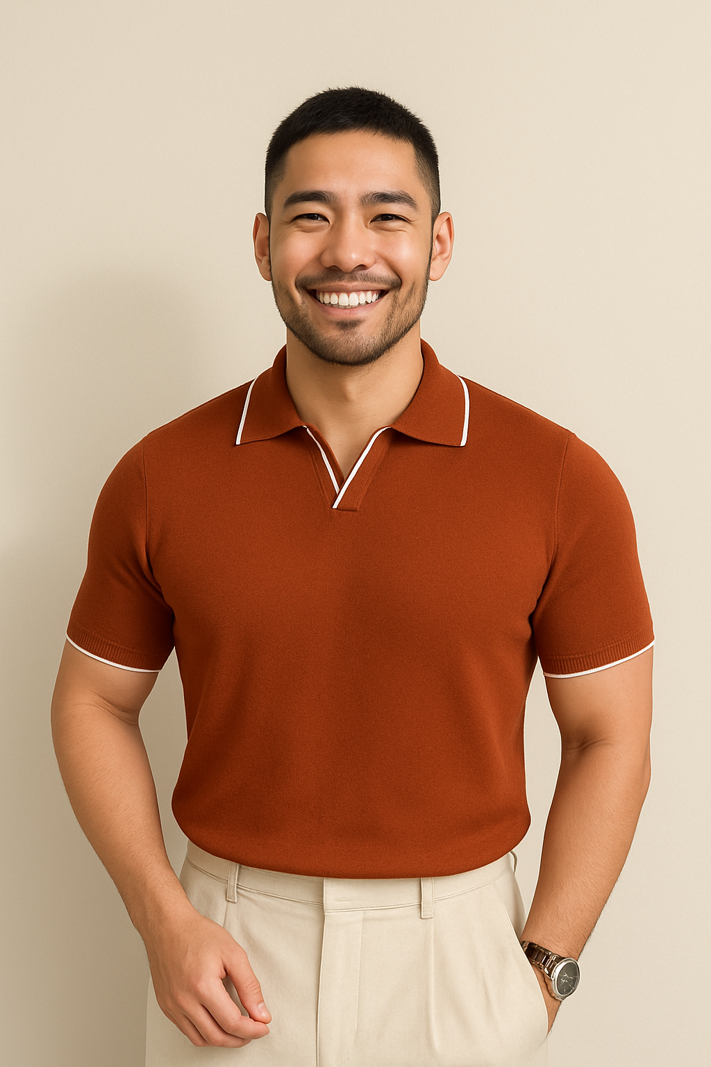 Men's short sleeve knit polo — slim fit contrast trim — summer daily wear