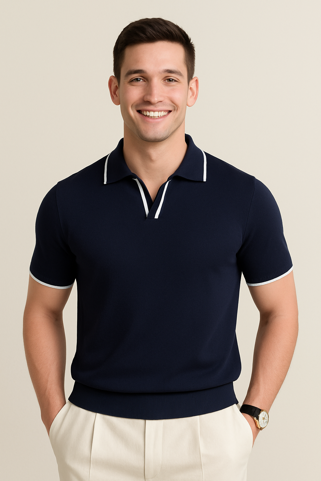 Men's short sleeve knit polo — slim fit contrast trim — summer daily wear