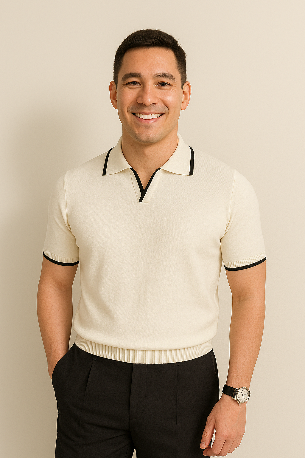 Men's short sleeve knit polo — slim fit contrast trim — summer daily wear