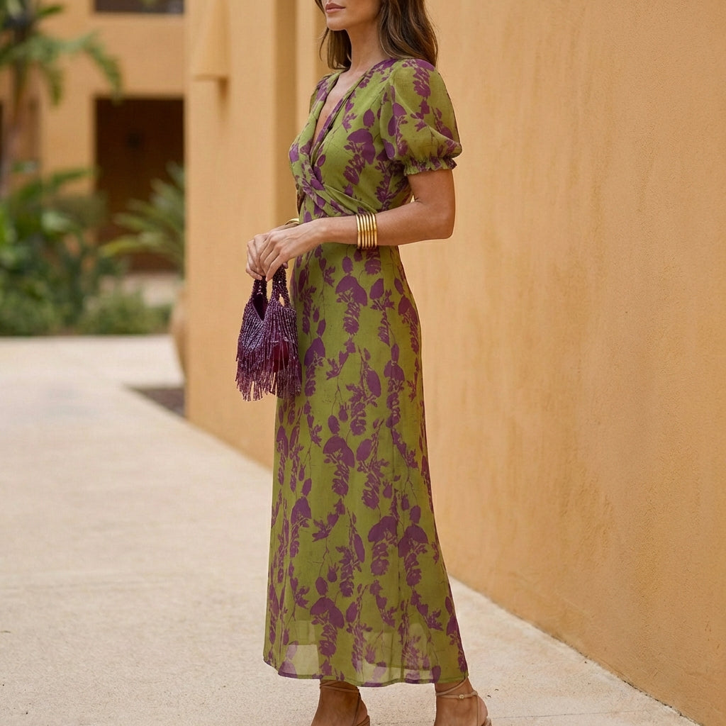 A-Line Maxi Dress V-Neck Puff Sleeve Twisted Front Floral Wedding Gues – Petroomies