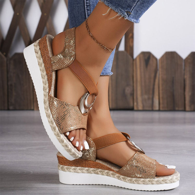Women's Wedge Sandals Open Toe Elastic Strappy Platform Metal Ring Walking Shoes