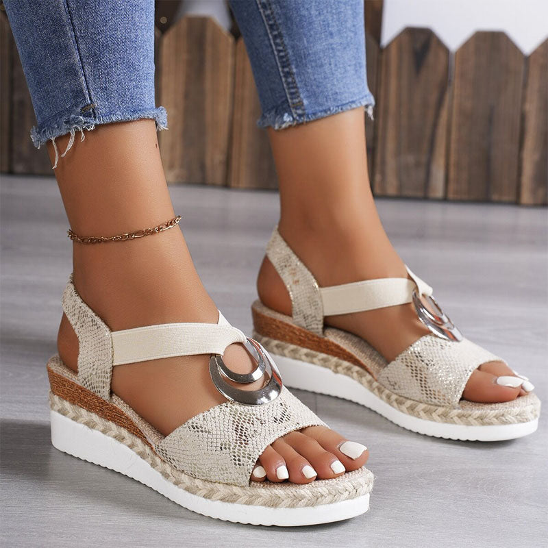 Women's Wedge Sandals Open Toe Elastic Strappy Platform Metal Ring Walking Shoes