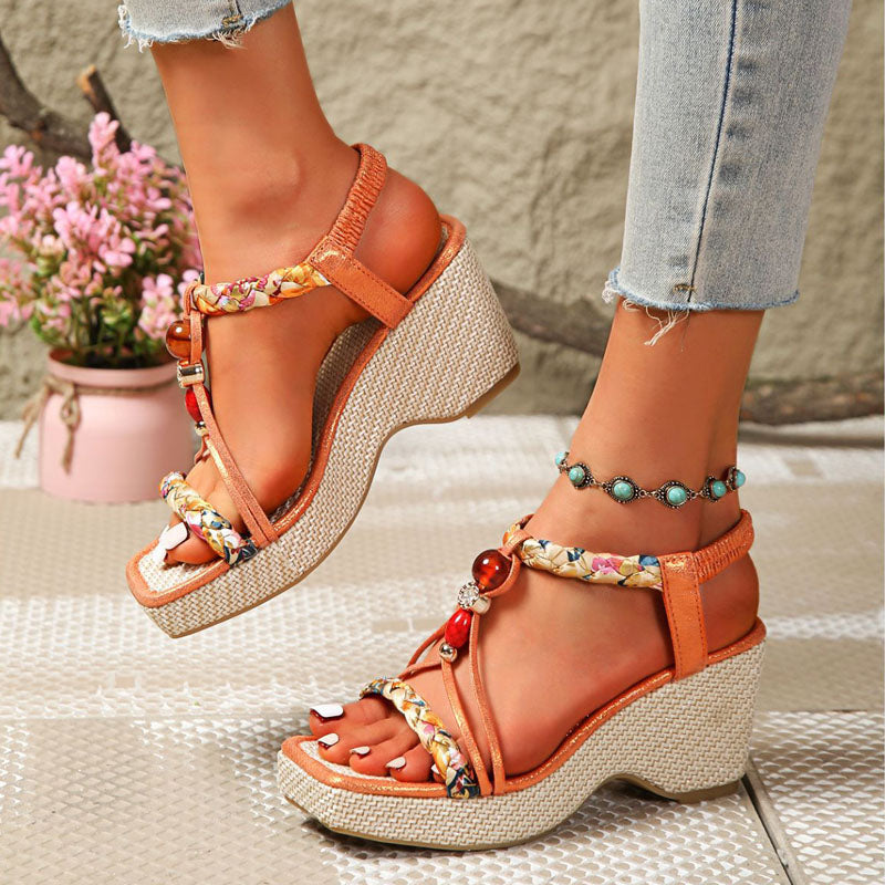 Women's Strappy Wedge Sandals Open Toe Beaded Boho Platform Comfort Walking Shoes