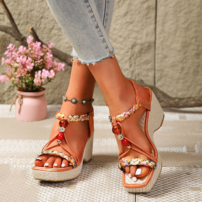 Women's Strappy Wedge Sandals Open Toe Beaded Boho Platform Comfort Walking Shoes