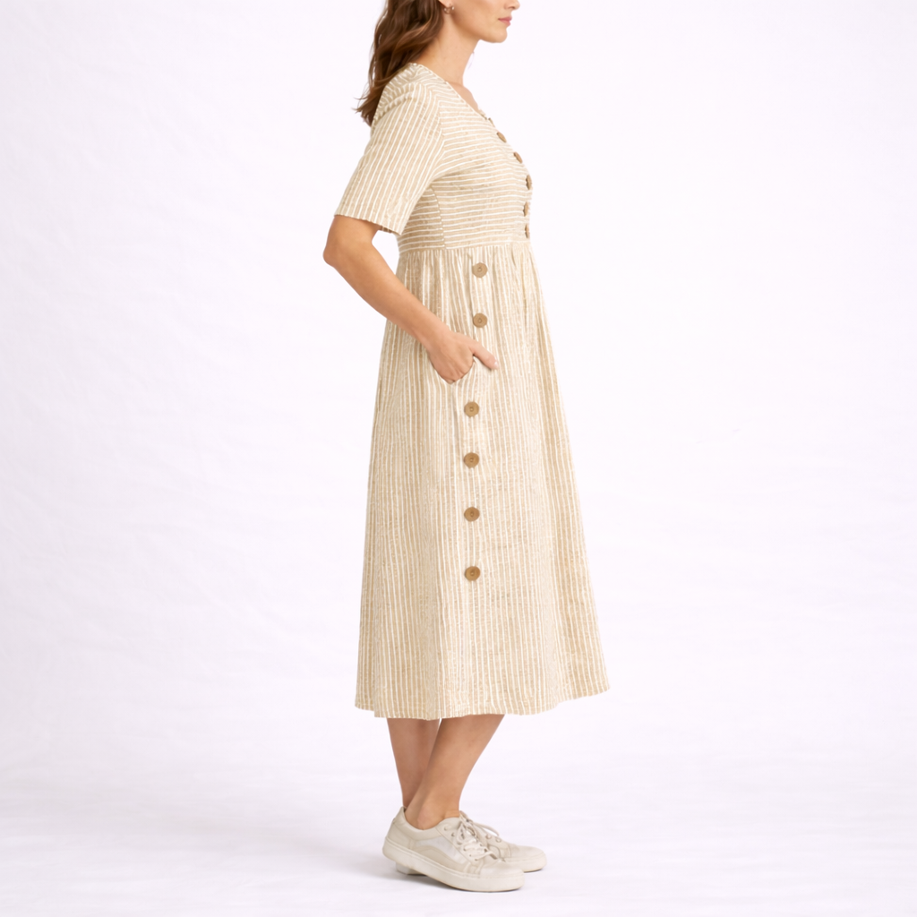 Striped Button Detail Midi Dress