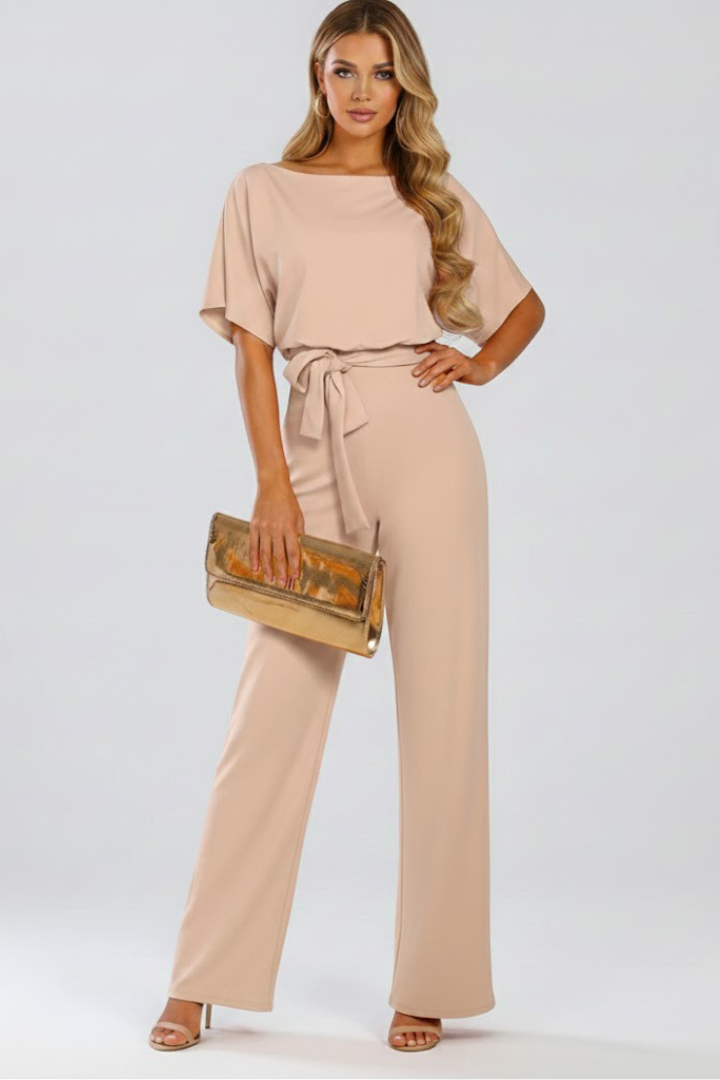 Women's wide-leg jumpsuit - round neck short sleeve tie waist clothing
