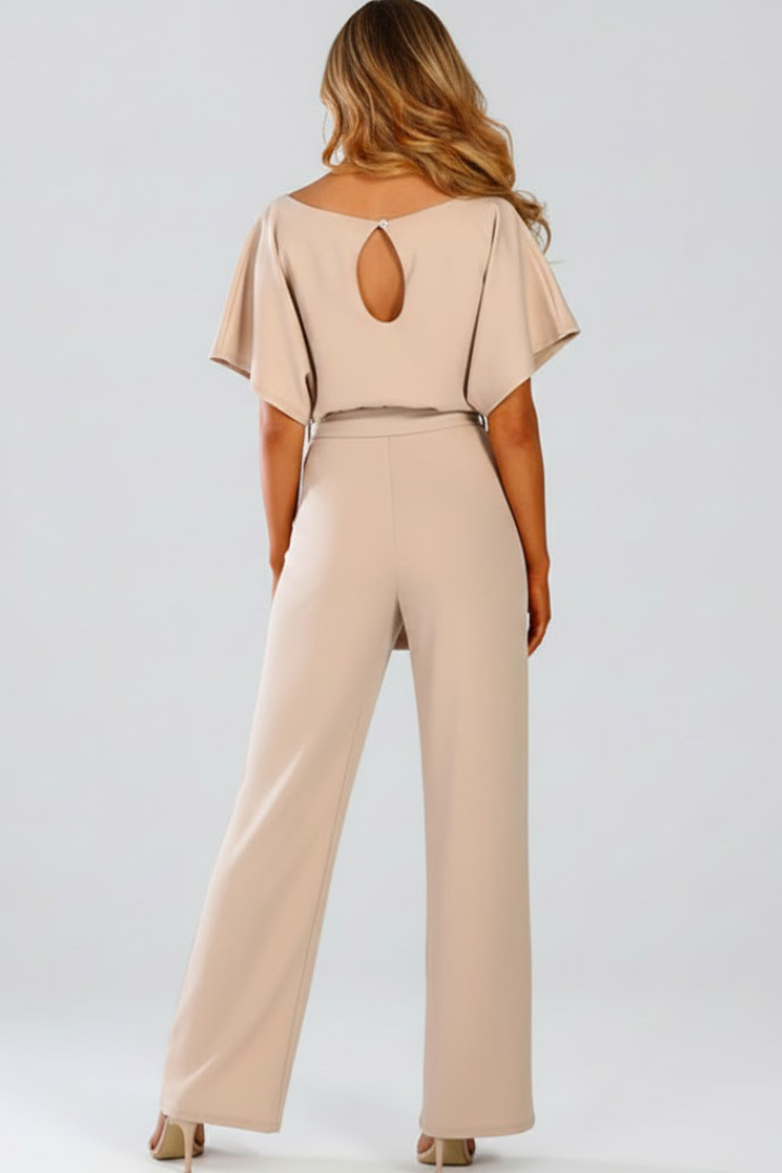 Women's wide-leg jumpsuit - round neck short sleeve tie waist clothing