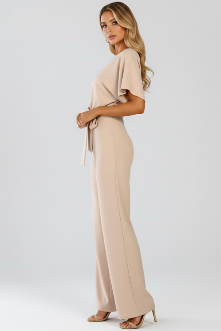 Women's wide-leg jumpsuit - round neck short sleeve tie waist clothing