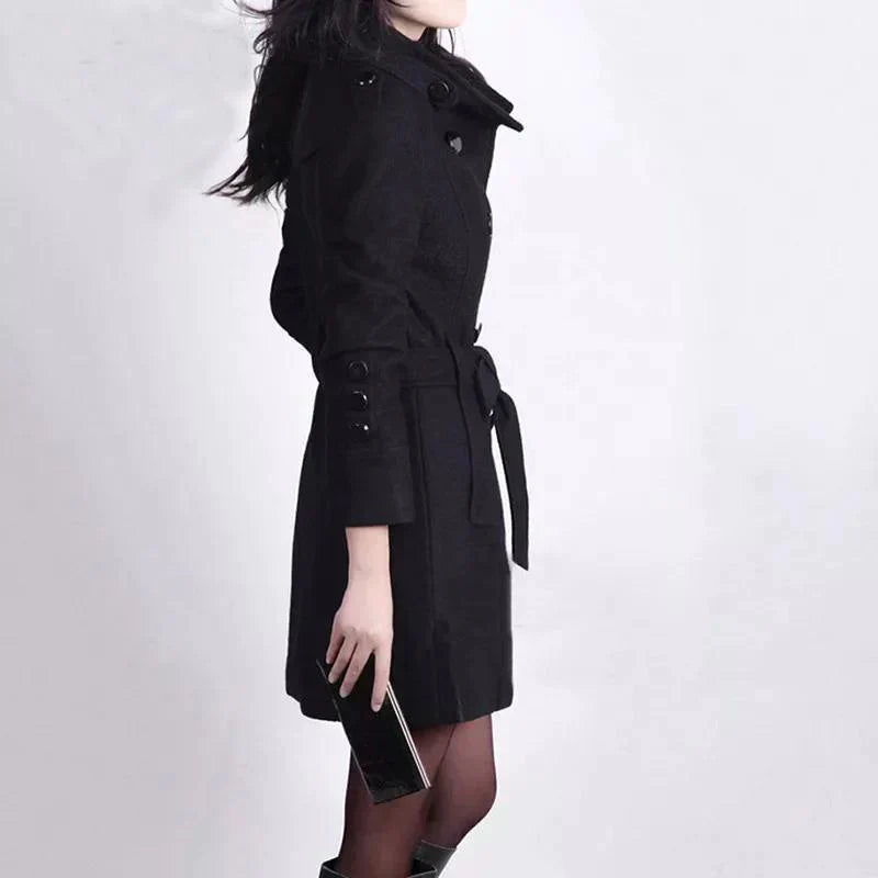 Women's Trench Coat Wool Blend Double Breasted Belted Waist Business Casual
