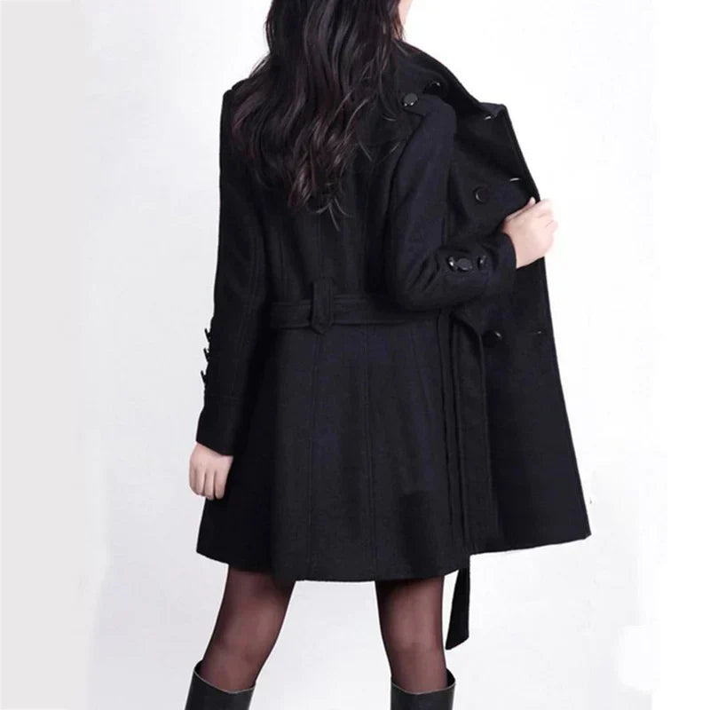 Women's Trench Coat Wool Blend Double Breasted Belted Waist Business Casual