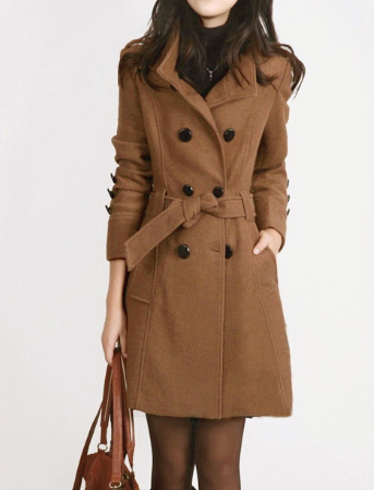 Women's Trench Coat Wool Blend Double Breasted Belted Waist Business Casual