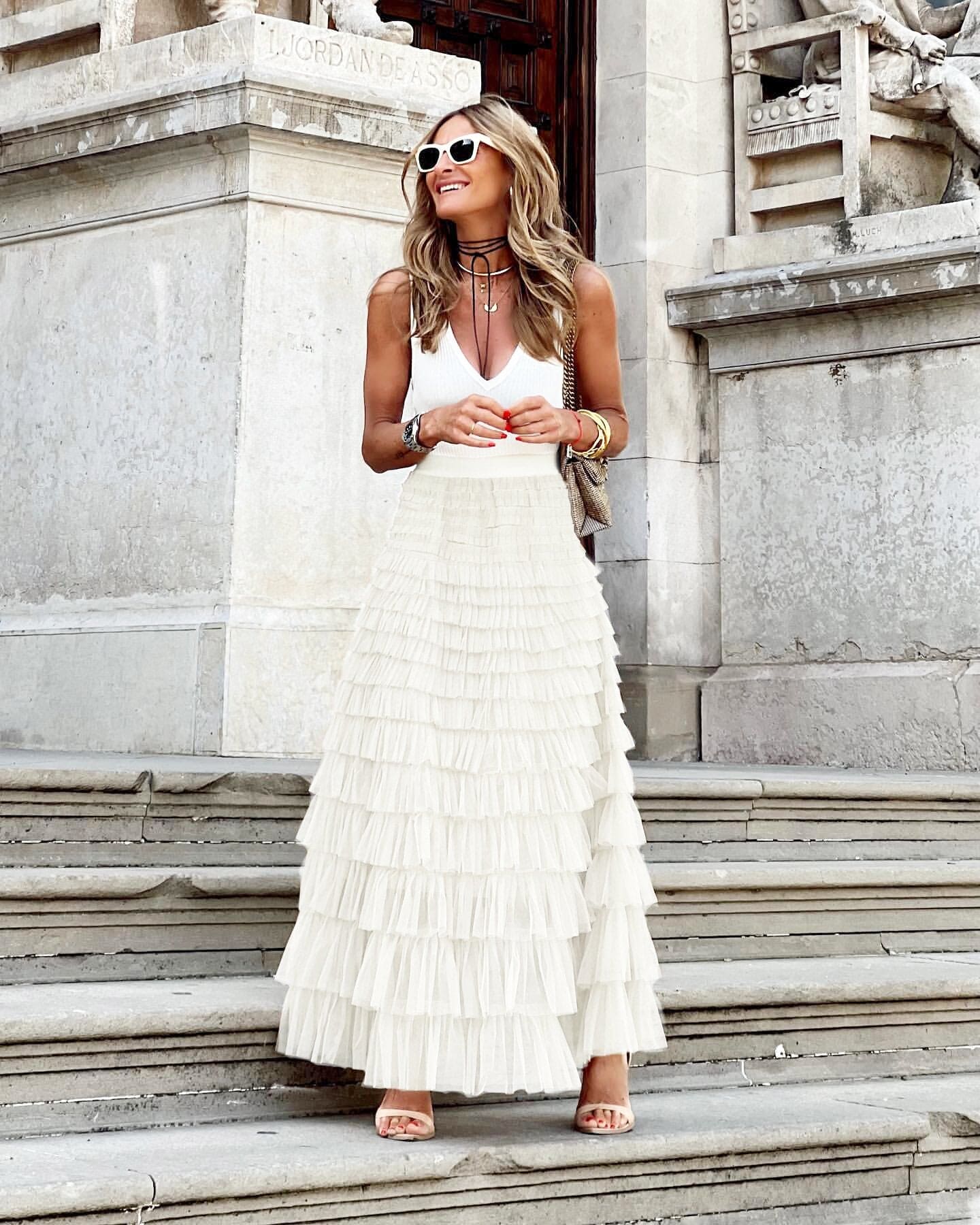 Women's tiered tulle maxi skirt with ruffled layers — evening