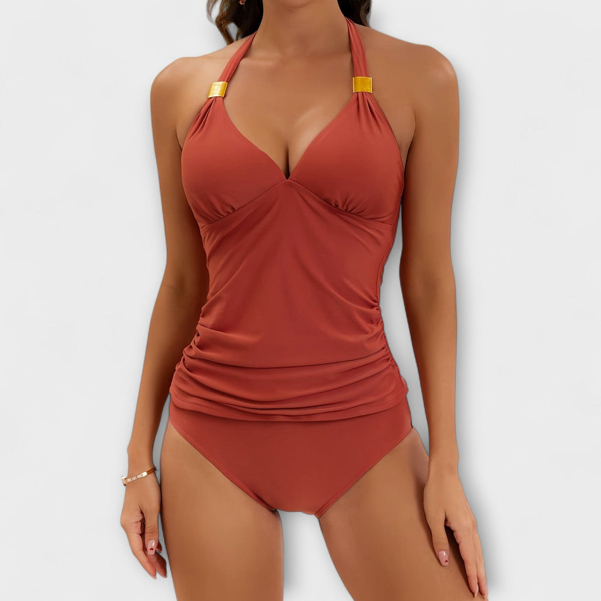 Halter Neck Ruched Tankini Swimsuit