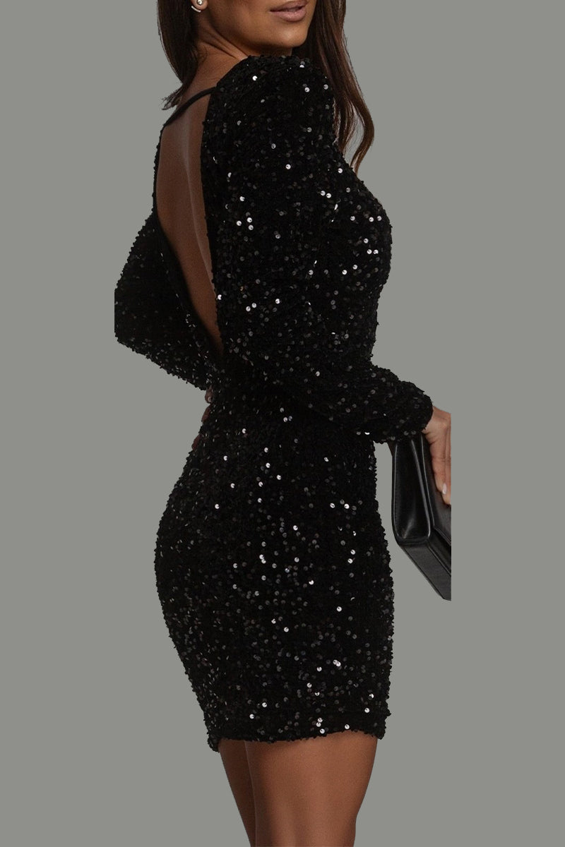 Sequin Backless Mini Dress Long Sleeve Open Back Sparkly Party Cocktail Dress