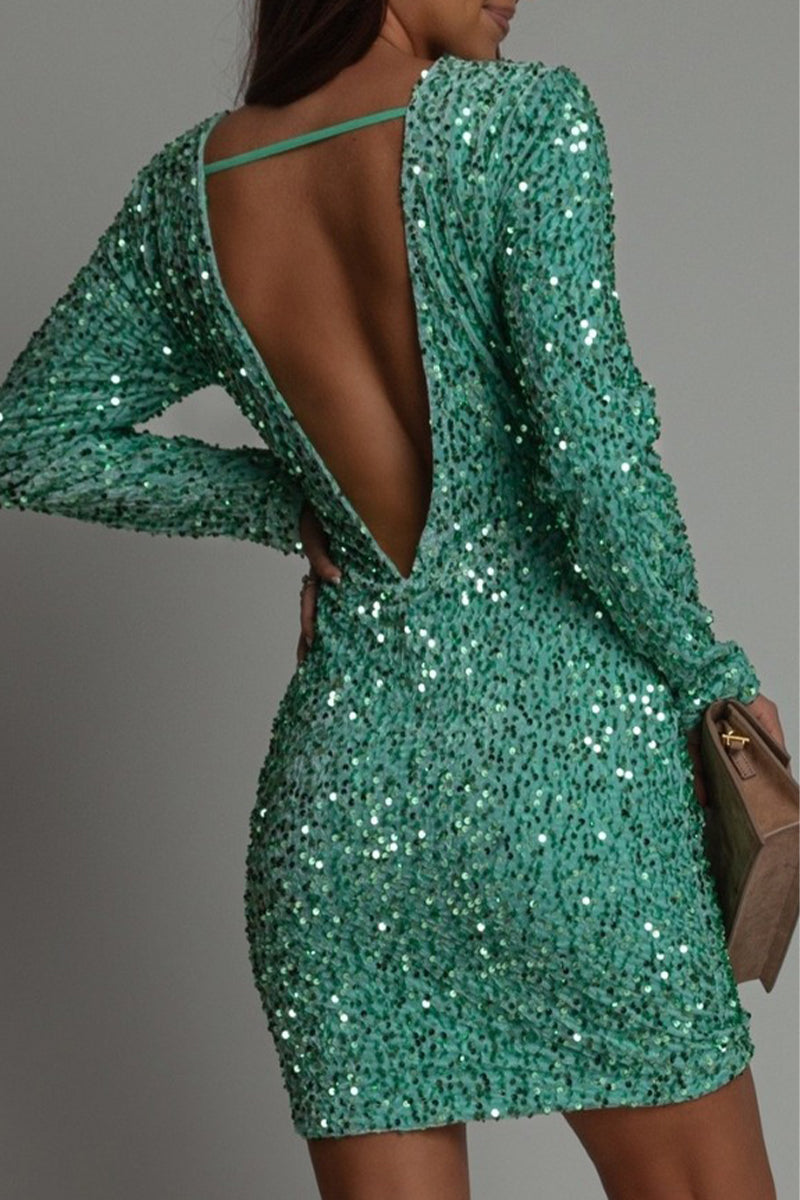 Sequin Backless Mini Dress Long Sleeve Open Back Sparkly Party Cocktail Dress