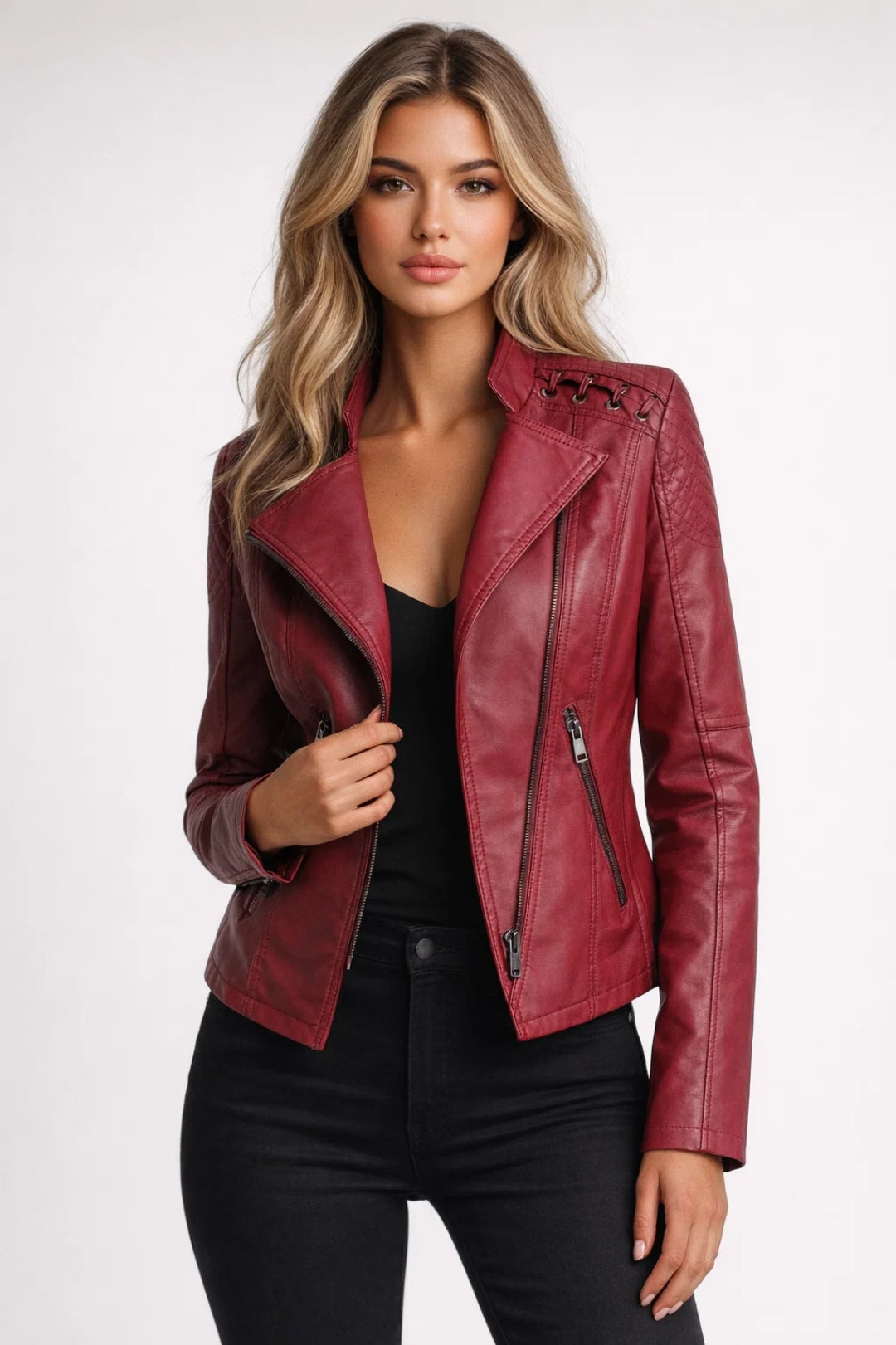 Faux leather biker jacket | Zip-up short coat for daily wear