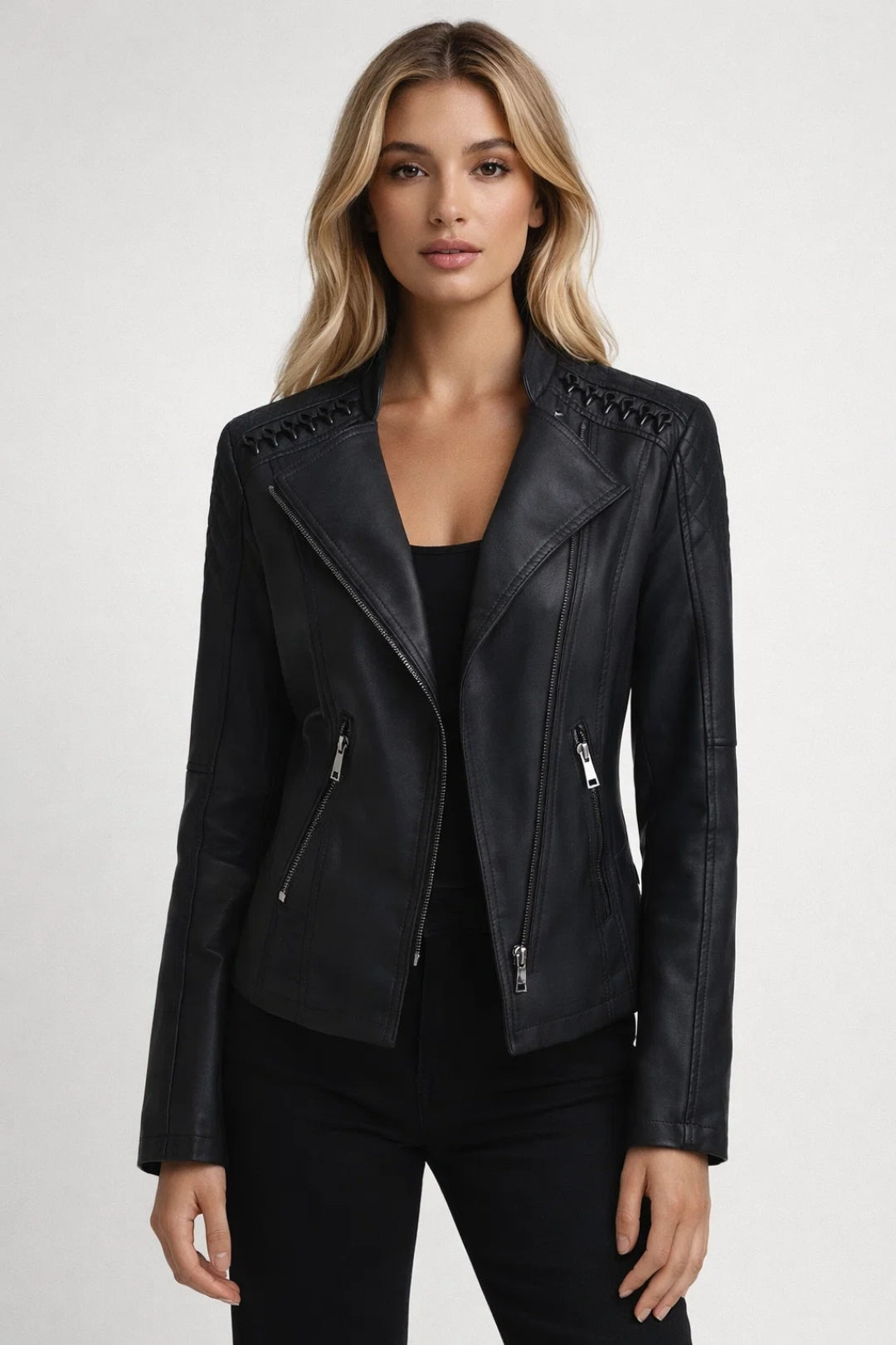 Faux leather biker jacket | Zip-up short coat for daily wear
