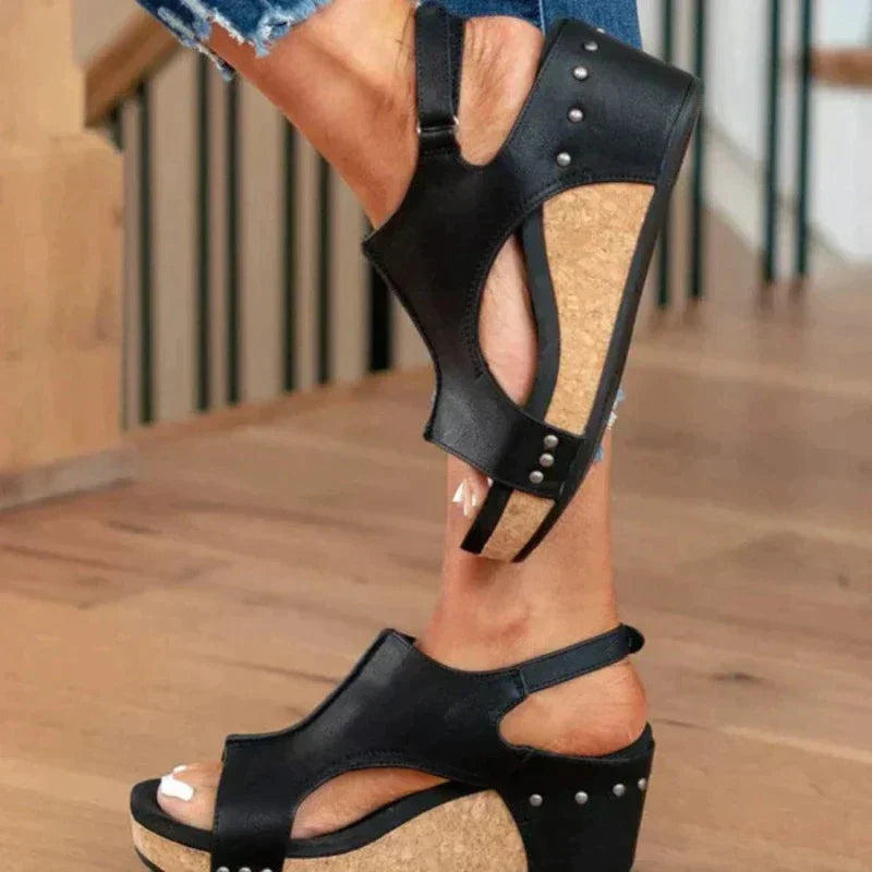 Women's Wedge Sandals Open Toe Faux Leather Slip On Cushioned Platform Walking Shoes