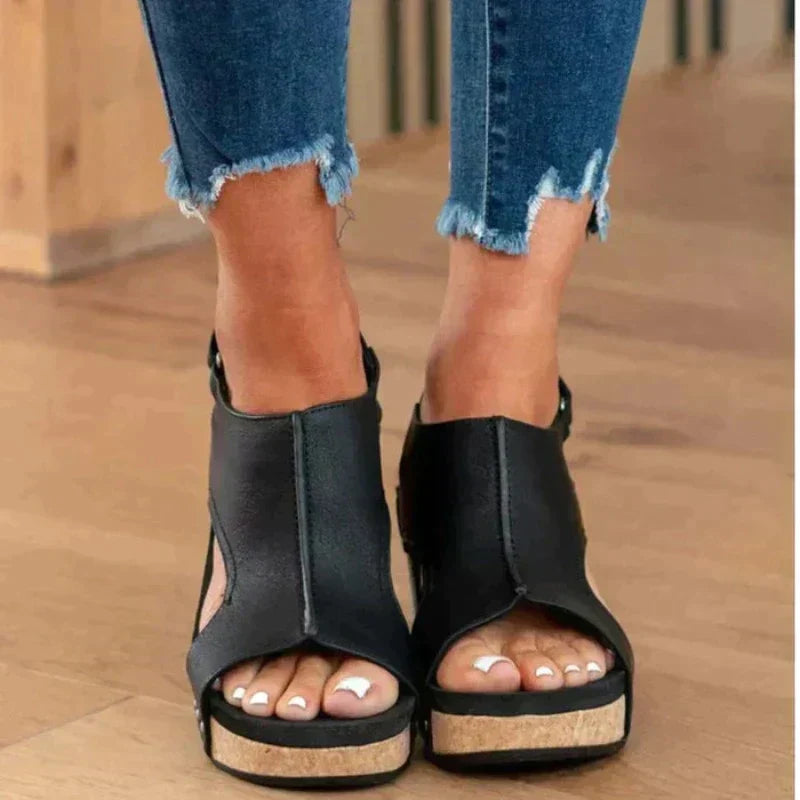Women's Wedge Sandals Open Toe Faux Leather Slip On Cushioned Platform Walking Shoes
