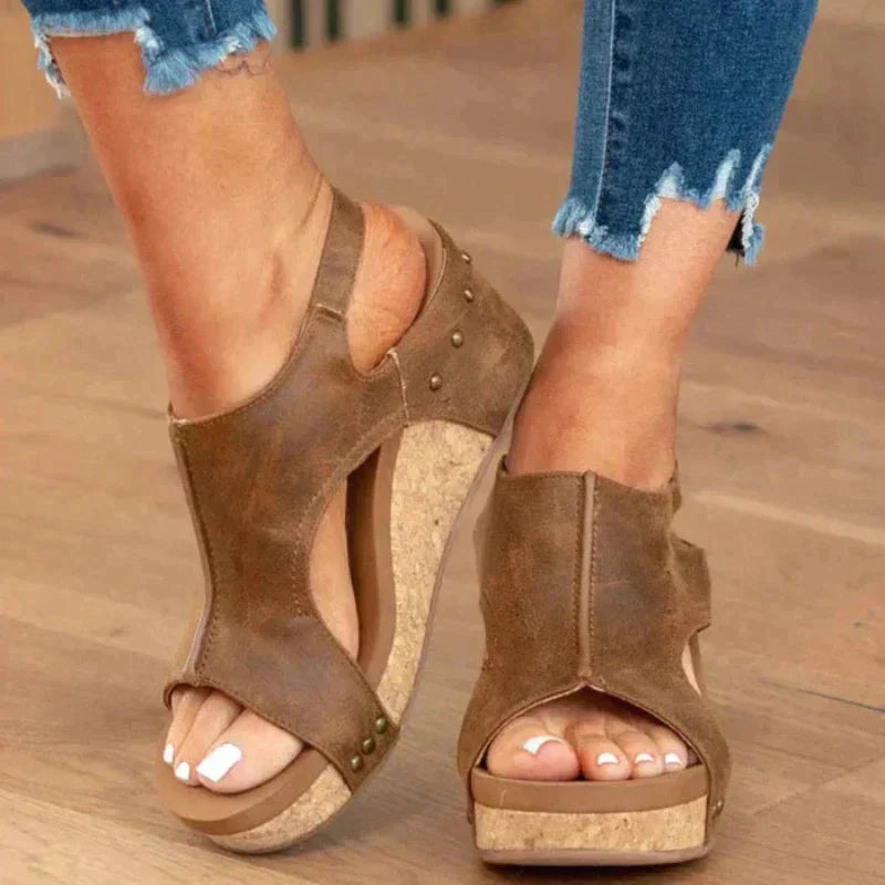 Women's Wedge Sandals Open Toe Faux Leather Slip On Cushioned Platform Walking Shoes