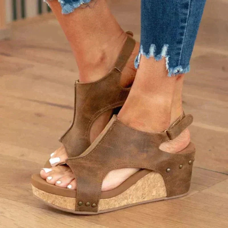 Women's Wedge Sandals Open Toe Faux Leather Slip On Cushioned Platform Walking Shoes