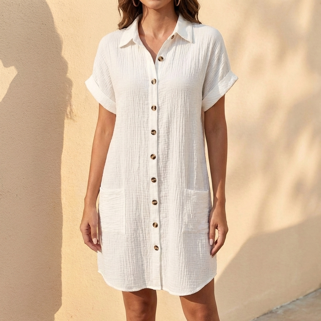 Linen Blend Relaxed Fit Midi Shirt Dress with Button Front and Short Cuffed Sleeves