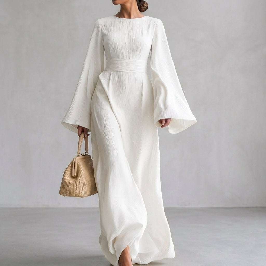 Bell Sleeve Maxi Dress Crew Neck Ribbed Texture Belted Flowy Long Sleeve Dress