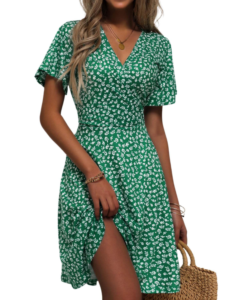 Women's floral wrap dress — V-neck a-line with ruffle sleeves for summer
