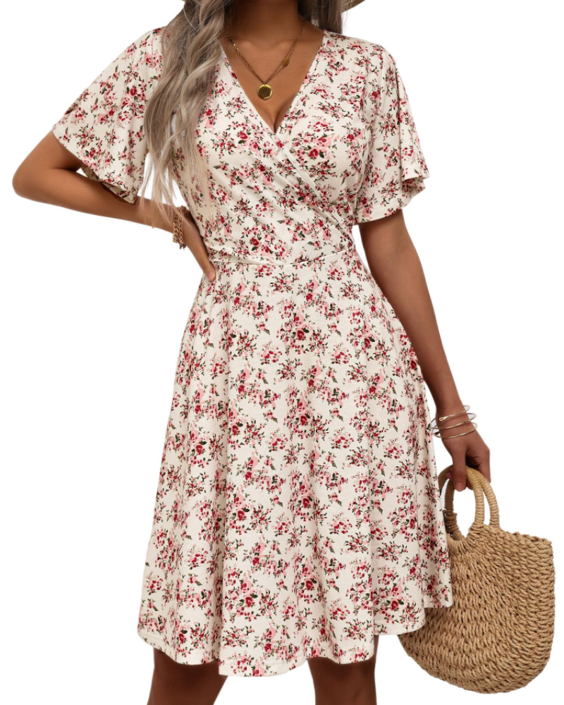 Women's floral wrap dress — V-neck a-line with ruffle sleeves for summer