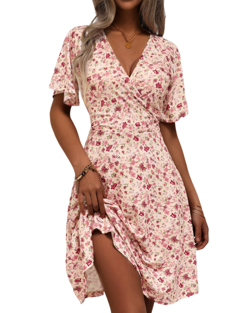 Women's floral wrap dress — V-neck a-line with ruffle sleeves for summer