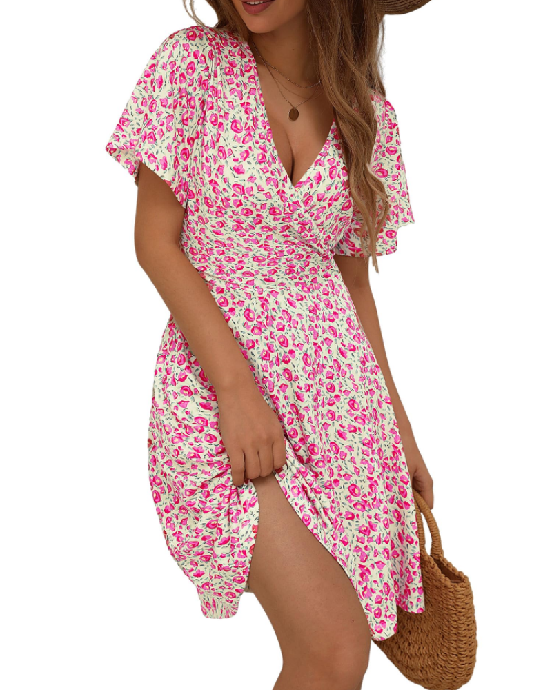 Women's floral wrap dress — V-neck a-line with ruffle sleeves for summer