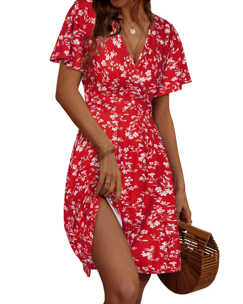 Women's floral wrap dress — V-neck a-line with ruffle sleeves for summer