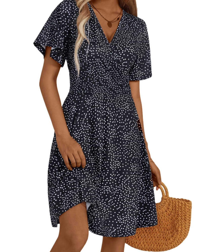 Women's floral wrap dress — V-neck a-line with ruffle sleeves for summer