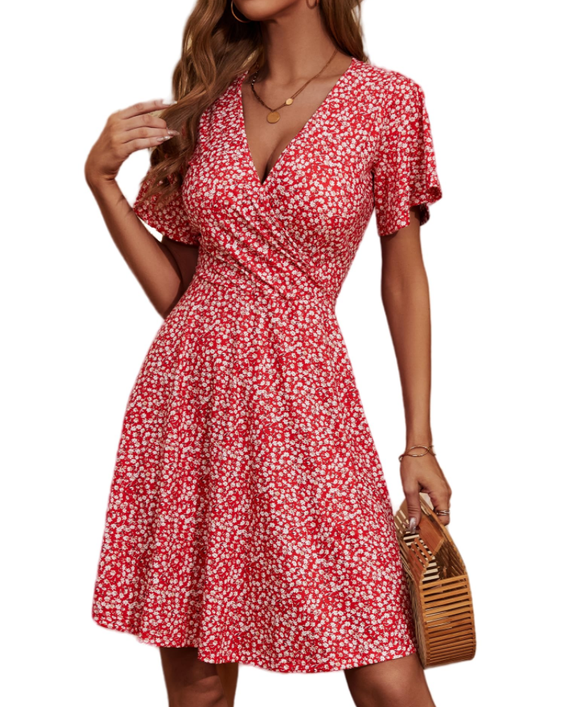 Women's floral wrap dress — V-neck a-line with ruffle sleeves for summer