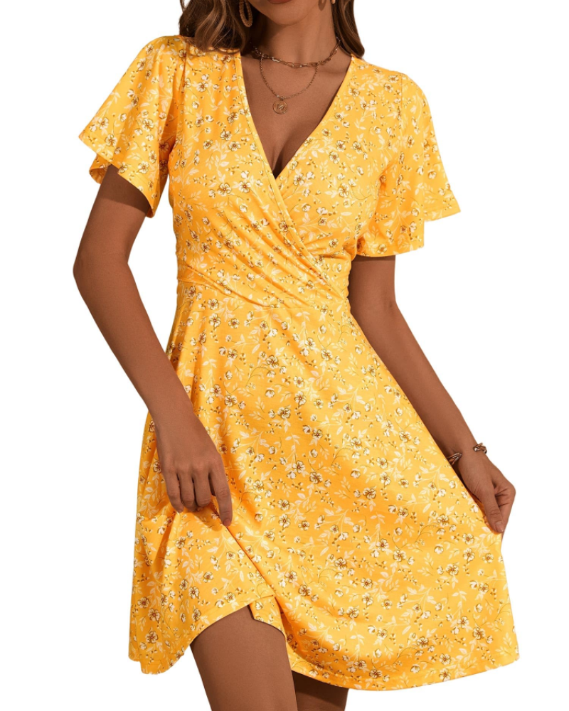 Women's floral wrap dress — V-neck a-line with ruffle sleeves for summer